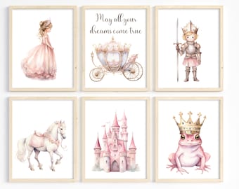 Princess nursery prints - Girls room decor - Princess castle - Horse and carriage - Fairytale princess nursery - Digital download - Set of 6