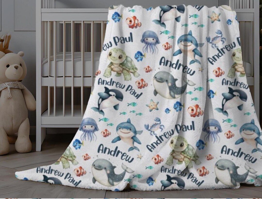 Sea Creatures Baby Blanket, Personalized Baby Boy Blanket Ocean Animals ...