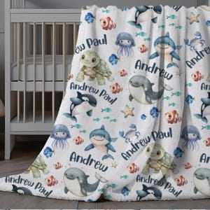 Sea Creatures Baby Blanket, Personalized Baby Boy Blanket Ocean Animals, Whale, Shark Sea Turtle Minky Blanket, Custom Baby Boy Swaddle