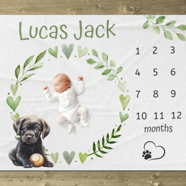 Black Lab Milestone Blanket, Personalized Baby Blanket with Dog, Labrador Retriever Baby Boy Month Blanket, Puppy Dog Baby Growth Blanket