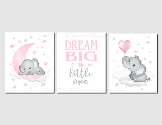 Dream Big Little One Art Nursery Decor Elephant Nursery Wall Art Moon And Stars Pink Wall Art Giraffe Nursery Print Set Of 3 Prints Art Collectibles Digital Prints Kromasol Com