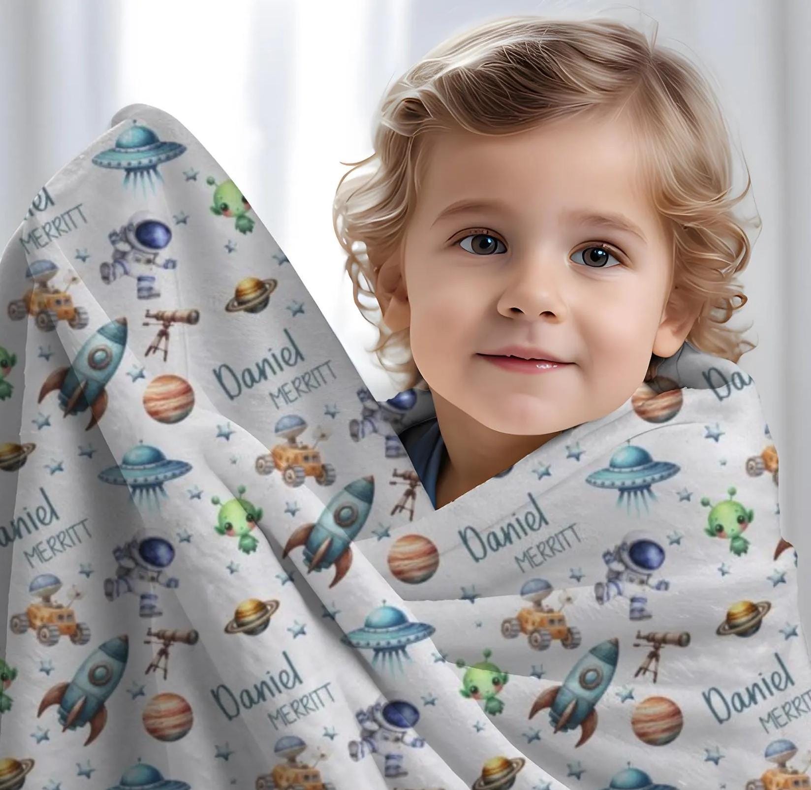 Custom Space Blanket, Personalized Space Swaddle Baby Boy, Astronaut Blanket Toddler Boy, Rocketship Baby Swaddle, Space Blanket with Name