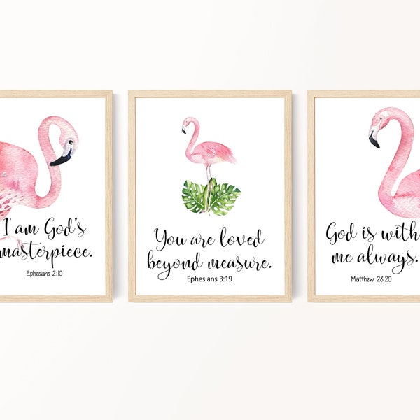 Kid's Bible Verse Prints, Flamingo Prints, Christian Wall Decor, Nursery Decor Tropical, Sunday School Decor, Scripture Prints, Printable