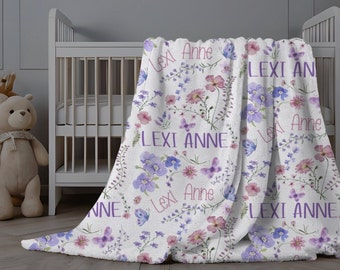 Wildflower Butterflies Girl Blanket, Personalized Girl Blanket Floral, Pink Purple Minky Blanket Girl, Wildflowers Baby Girl Blanket