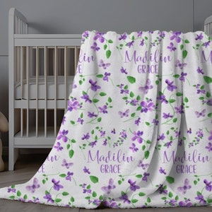 Purple Floral Baby Blanket, Personalized Girl Blanket Violet Flowers, Custom Swaddle Blanket, Baby Girl Name Minky, New Baby Gift