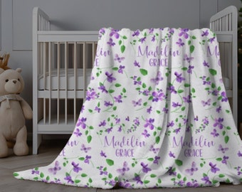Purple Floral Baby Blanket, Personalized Girl Blanket Violet Flowers, Custom Swaddle Blanket, Baby Girl Name Minky, New Baby Gift