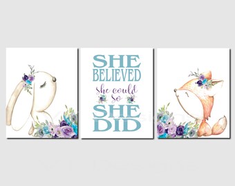 Purple Teal Floral Nursery Art, She Believed She Could, Woodland Nursery Decor, Girl Nursery Art, Toddler Girl, Canvas or Prints, Set of 3