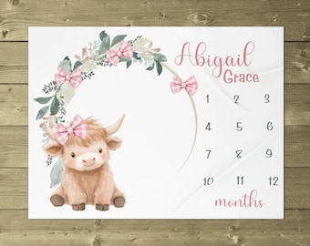Highland Cow Milestone Blanket, Personalized Monthly Growth Blanket, Cow Month Blanket, Baby Monthly Photo Blanket, Baby Girl Growth Tracker
