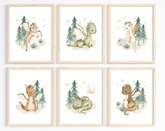 Dragon nursery art, Nursery printable art set, Boy nursery decor, Dragon prints, Mythical creatures, Boy bedroom decor, Dragon painting