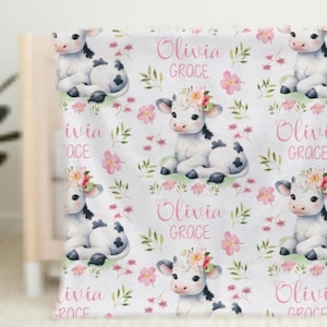 Cow Blanket Baby Girl, Farm Animal Baby Blanket, Custom Cow Baby Gift, Personalized Blanket Cow, Baby Shower Gift, Pink Floral Cow Swaddle