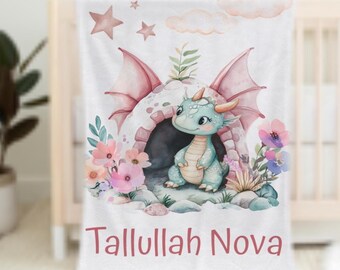 Baby Girl Dragon Blanket, Personalized Dragon Baby Blanket, Custom Birthday Gift, Dragon Nursery Girl, Girl Name Blanket Dragon for Toddler