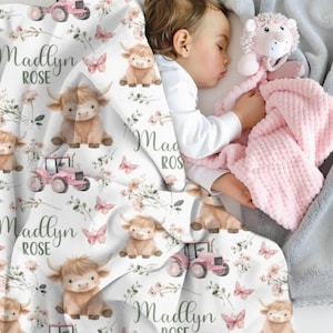 Highland Cow Baby Name Swaddle, Personalized Baby Blanket, Baby Girl Name Blanket, Girl Blanket with Highland Cow, Custom Farm Blanket
