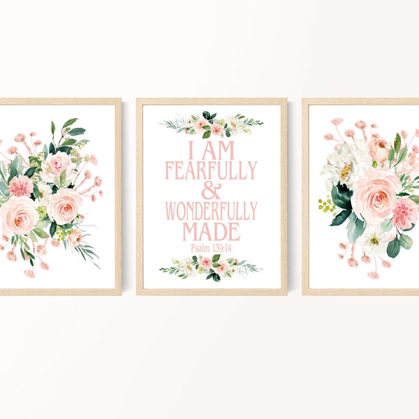 I am fearfully and wonderfully made, Bible verse for girl nursery decor, Blush pink floral bouquets, Printable, Girl room decor, Set of 3