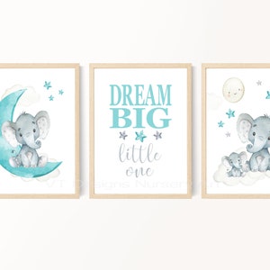 DIY Nursery Art, Dream Big Little One, Elephant Nursery Art, Teal Gray, Gender Neutral Nursery Art, Girl Boy Nursery Art, Set of 3,Printable