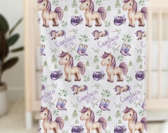 Cowgirl Baby Blanket Personalized, Baby Girl Western Blanket, Horse Blanket for Girl, Custom Blanket Toddler Girl, Purple Swaddle with Name