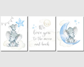 We Love You To The Moon and Back, Blue Nursery Decor, Boy Nursery Decor, Elephant Nursery Decor, Baby Quotes, Unframed Prints or Canvas