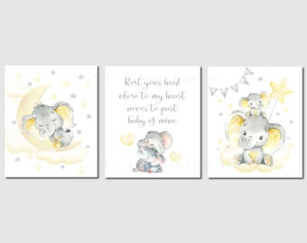 Baby of Mine, Boy Nursery Art, Elephant Theme, Yellow Gray Nursery Decor, Elephant Nursery Art, Gender Neutral, Unframed Prints or Canvas