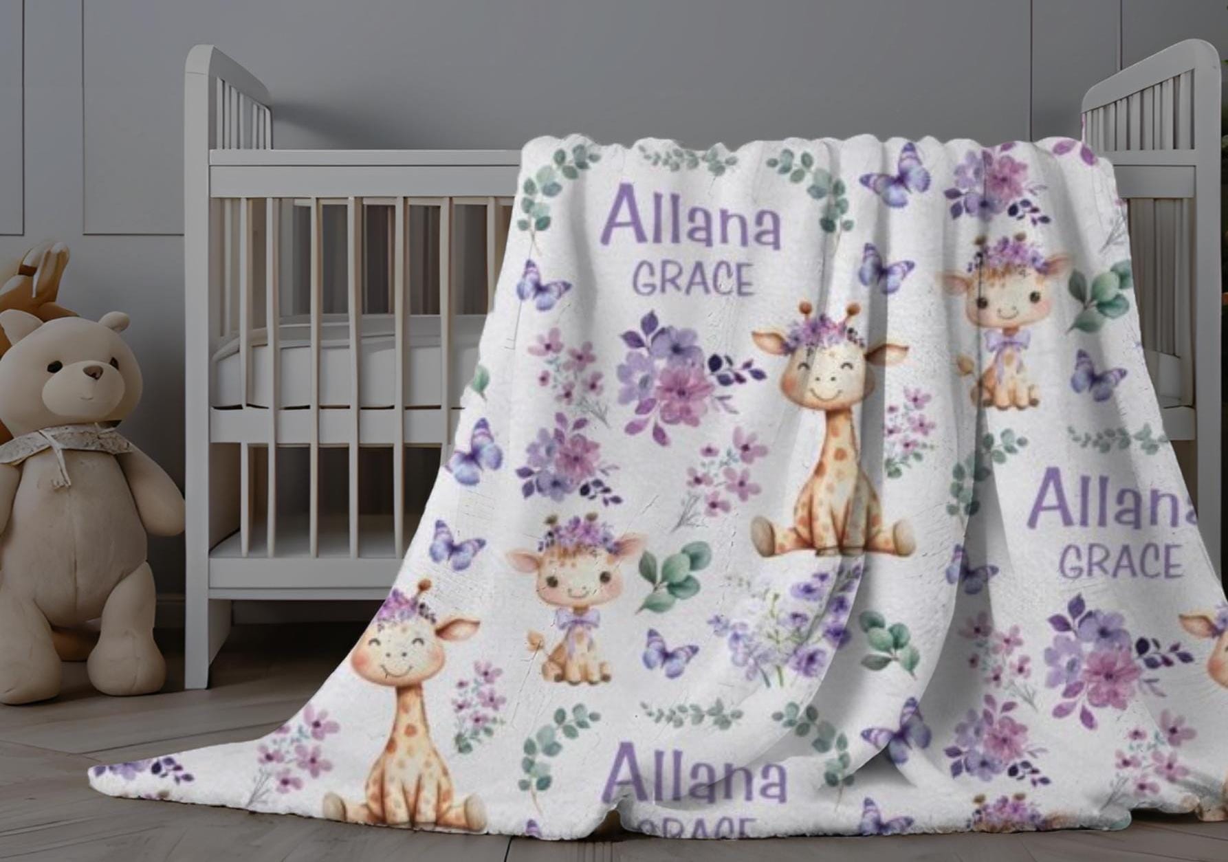 Personalized Giraffe Baby Blanket, Custom Giraffe Blanket with Baby Name, Purple Floral Blanket with Giraffes, Giraffe Nursery Decor Girl