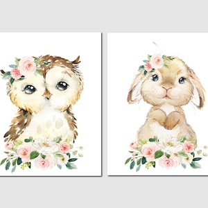 Bunny Print, Owl print, Bunny nursery art, Girl nursery decor, Floral nursery decor, Woodland animals and flowers wall art, Printable