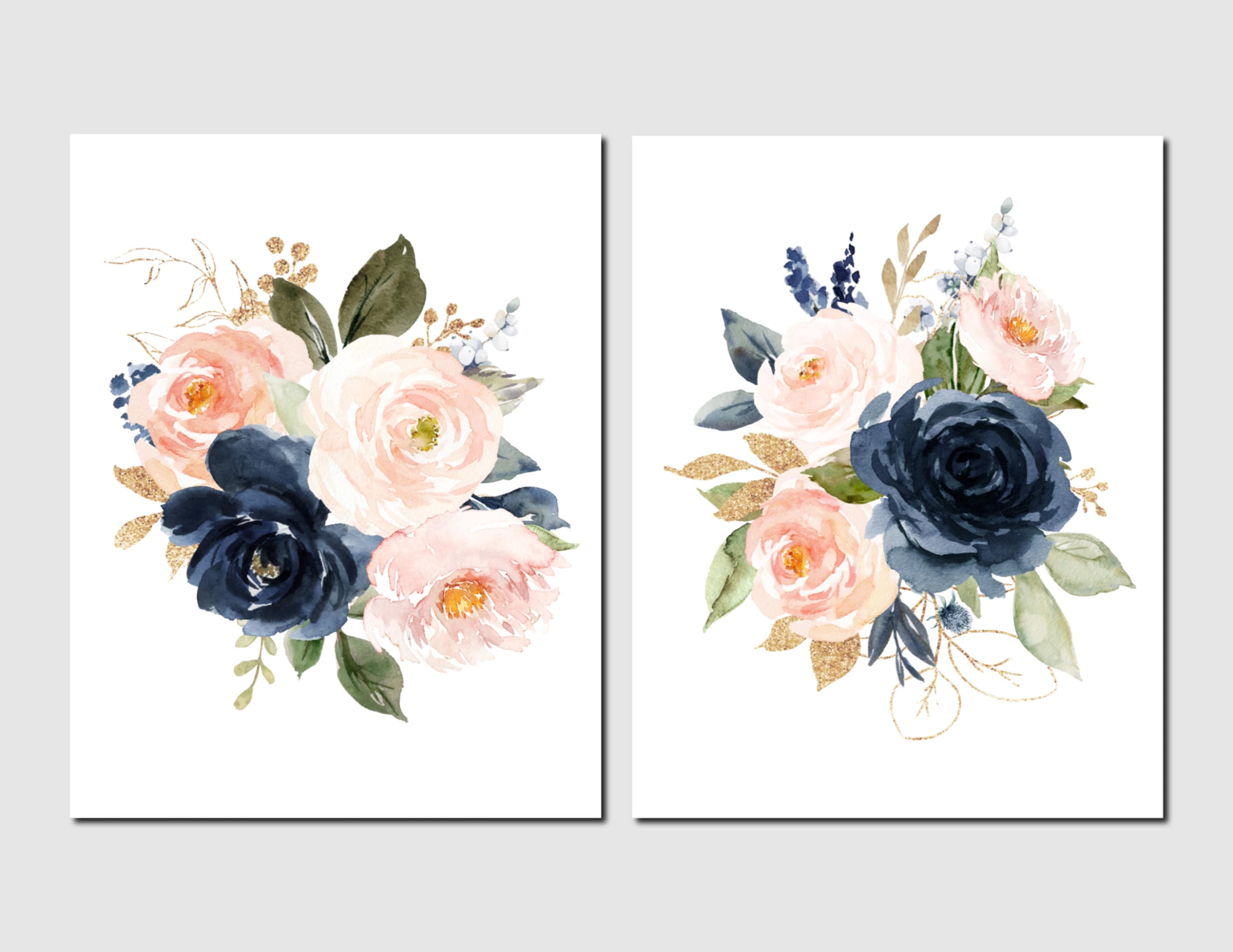 Navy Blush Flower Prints Floral Bouquets Bedroom Wall Art | Etsy
