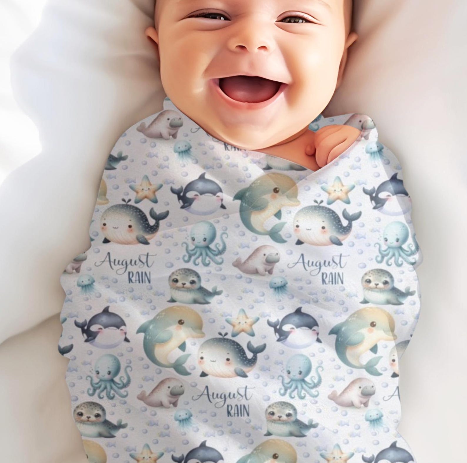Personalized Baby Blanket Ocean Animals, Name Blanket Under the Sea ...