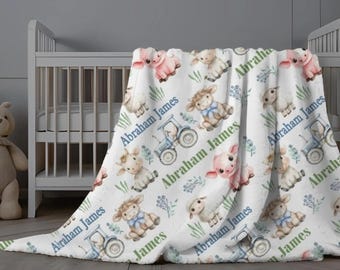 Personalized Farm Animals Swaddle, Custom Name Blanket Boy, Farm Tractor Newborn Swaddle, Baby Boy Blanket with Name, Baby Animal Blanket