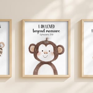Safari Animal Nursery Art, Bible Verse Prints, Gender Neutral Wall Art, Scripture Verse, Monkey, Tiger, Zebra, Unframed Prints or Canvas