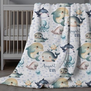 Personalized Baby Blanket Ocean Animals, Name Blanket Under the Sea, Personalized Sea Creatures Minky Blanket, Custom Keepsake Baby Blanket