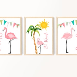 Láminas de flamencos para habitación infantil, decoración de habitación infantil para niña, arte de flamencos para pared, arte tropical para habitación infantil, 3 láminas imprimibles para habitación infantil.