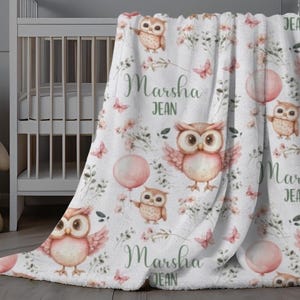 Owl Blanket Baby Girl, Personalized Baby Girl Swaddle, Wildflower Blanket, Owl Nursery, Name Blanket with Owl, Toddler Girl Birthday Gift