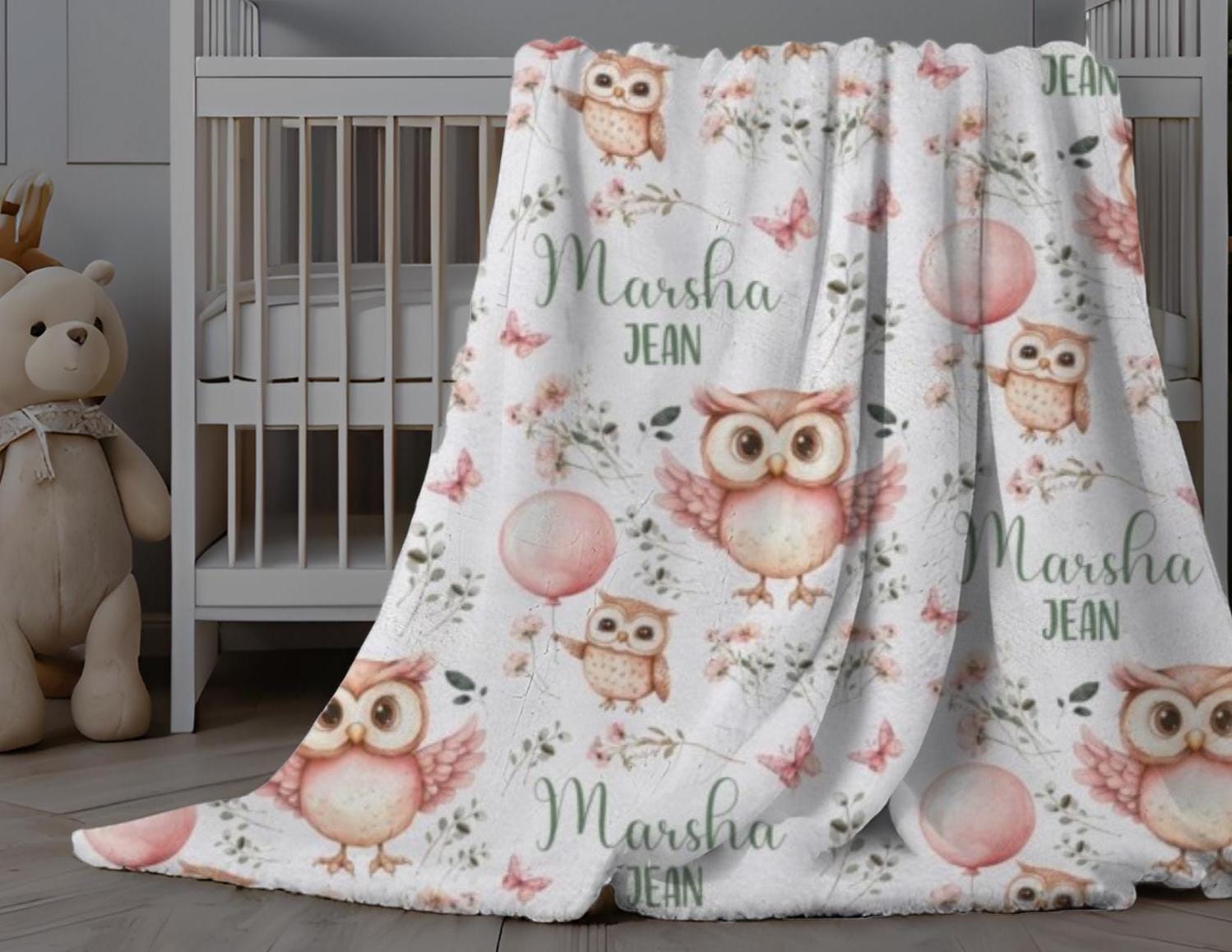 Owl Blanket Baby Girl, Personalized Baby Girl Swaddle, Wildflower Blanket, Owl Nursery, Name Blanket
