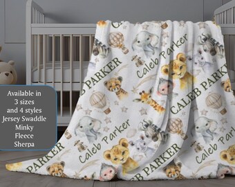 Safari Blanket Baby Boy, Baby Name Blanket, Jungle Animals Baby Boy Blanket, Custom Minky Blanket, Newborn Baby Swaddle