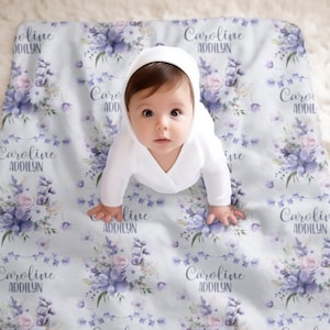 Purple Floral Baby Name Blanket, Personalized Baby Girl Blanket, Flower Baby Name Swaddle, Custom Wildflowers Minky Blanket, New Baby Gift