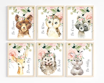 Baby Mädchen Kinderzimmer Wandkunst, Waldtierdrucke, Mädchen-Schlafzimmer Dekor, Kinderzimmer Tierdrucke, Kinderzimmer Dekor, Blumen Kinderzimmer Drucke