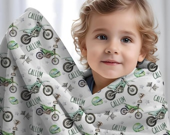 Personalized Motocross Blanket, Custom Motocross Baby Blanket, Dirtbike Swaddle, Boy Name Blanket, Baby Boy Blanket with Name and Dirtbikes