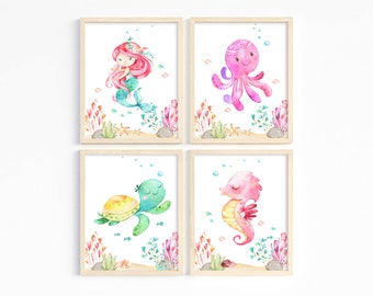 Sea animal prints, Girl nautical nursery art, Nursery ocean prints, Sea creatures wall art, Mermaid girl bedroom wall art, 4 Printable