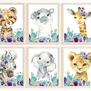 Safari animal prints, Animal flower prints, Girl room decor, Baby girl nursery wall art, Floral nursery art, Purple nursery art, Printable