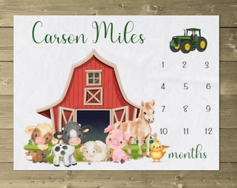 Farm Animals Milestone Blanket, Baby Boy Photo Backdrop, Personalized Monthly Growth Tracker, Green Tractor Newborn Blanket
