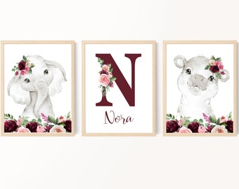 Burgundy Blush Pink Nursery Girl, Hippo Print, Safari Animals Girl Nursery Decor, Elephant Print, Floral Name and Initial, Printable