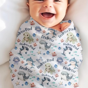 Sea Creatures Swaddle Blanket, Personalized Baby Boy Blanket Ocean Animals, Whale, Shark, Sea Turtle Minky Name Blanket, Custom Baby Blanket