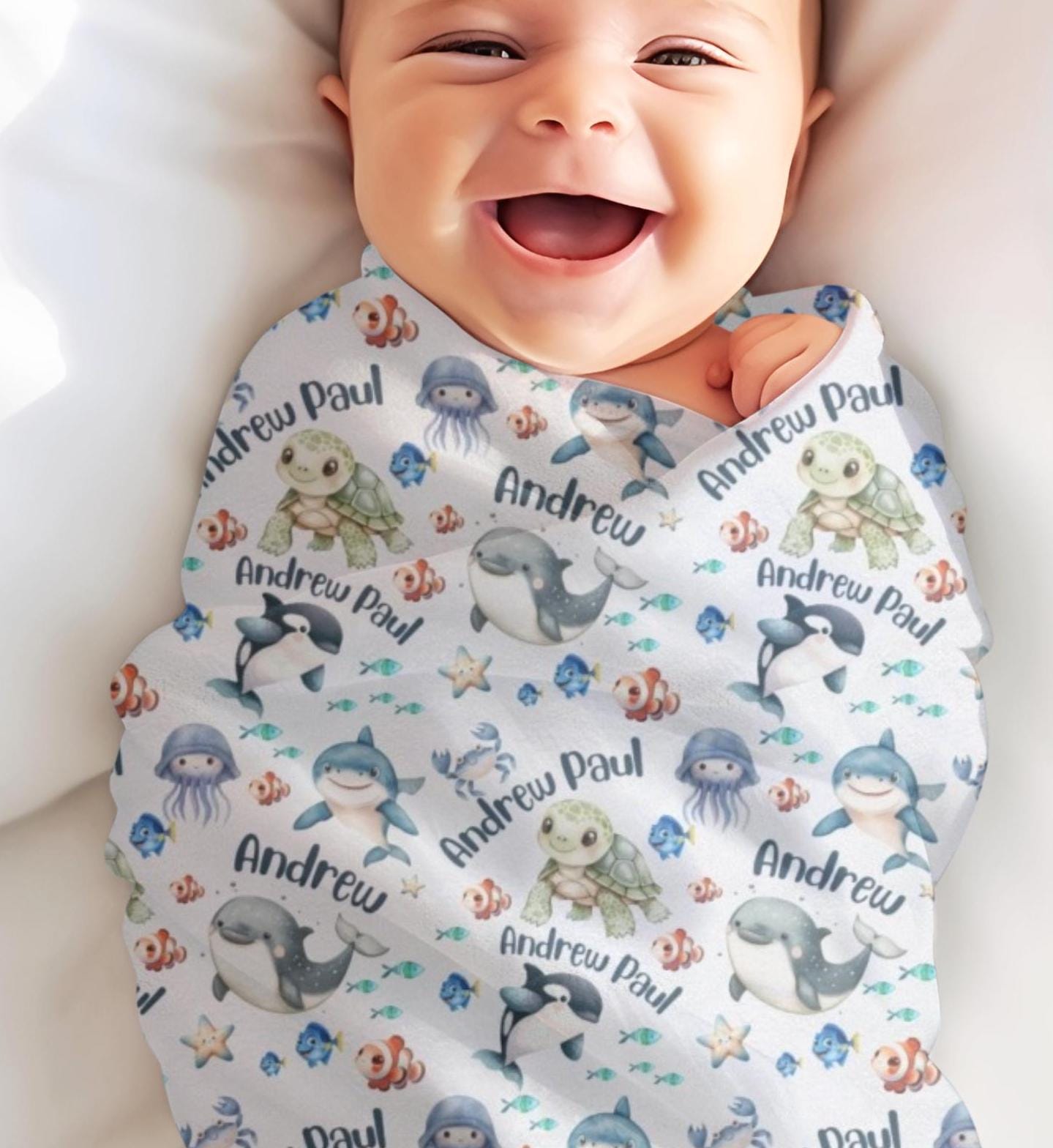 Sea Creatures Baby Blanket, Personalized Baby Boy Blanket Ocean Animals ...