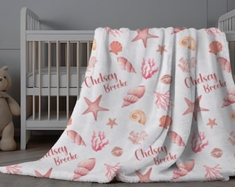 Custom Seashells Blanket, Personalized Ocean Swaddle, Seashell Swaddle with Name, Blanket with Shells and Coral, Beach Theme Baby Blanket