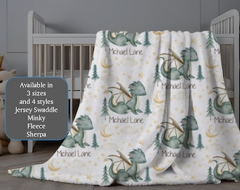 Personalized Boy Dragon Blanket, Green Dragon Baby Name Blanket, Custom Minky Blanket, Toddler Boy Name Blanket with Dragons