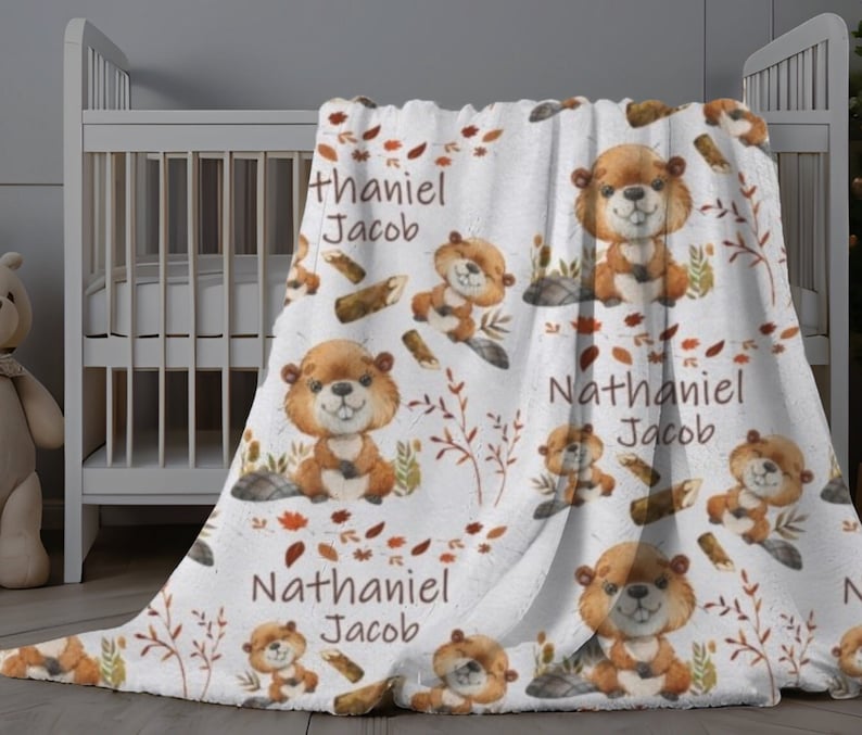 Personalized Baby Blanket Beaver, Woodland Blanket Baby Boy, Forest