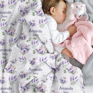 Purple Floral Baby Name Blanket, Personalized Baby Girl Blanket, Baby Name Swaddle Blanket, Custom Baby Girl Swaddle, Purple Flower Blanket