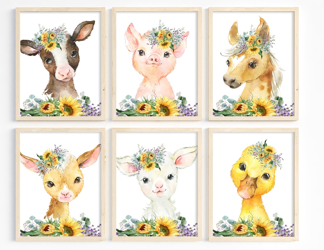 Farm Animal Nursery Prints, Sunflower Nursery Wall Art, Girl Nursery