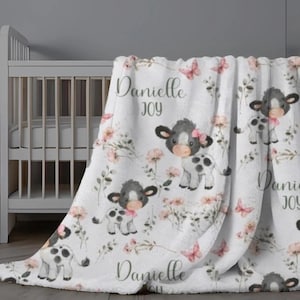 Cow Blanket Baby Girl, Personalized Baby Cow Swaddle, Farm Animal Baby Blanket, Cow Blanket with Name, Kids Blanket with Cow and Flowers