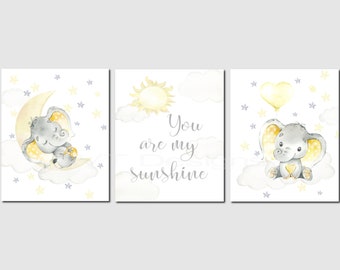 You Are My Sunshine, Gender Neutral, Nursery Wall Art, Elephant Nursery Art, Elephant Theme, Baby Room Decor, Unframed Prints or Canvas