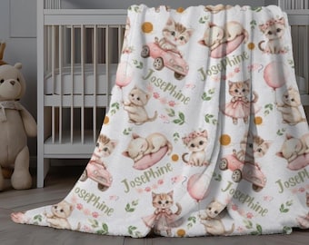 Personalized Baby Blanket Cat, Baby Girl Kitten Swaddle, Cat Blanket with Baby Name, Kitty Cat Blanket for Infant, Cat Lover Birthday Gift