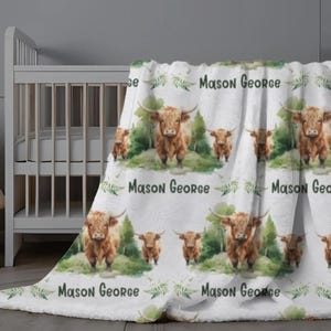 Highland Cow Blanket Personalized, Custom Baby Blanket Highland Cow, Hospital Blanket Baby Boy, Highland Cow Swaddle, Baby Shower Gift